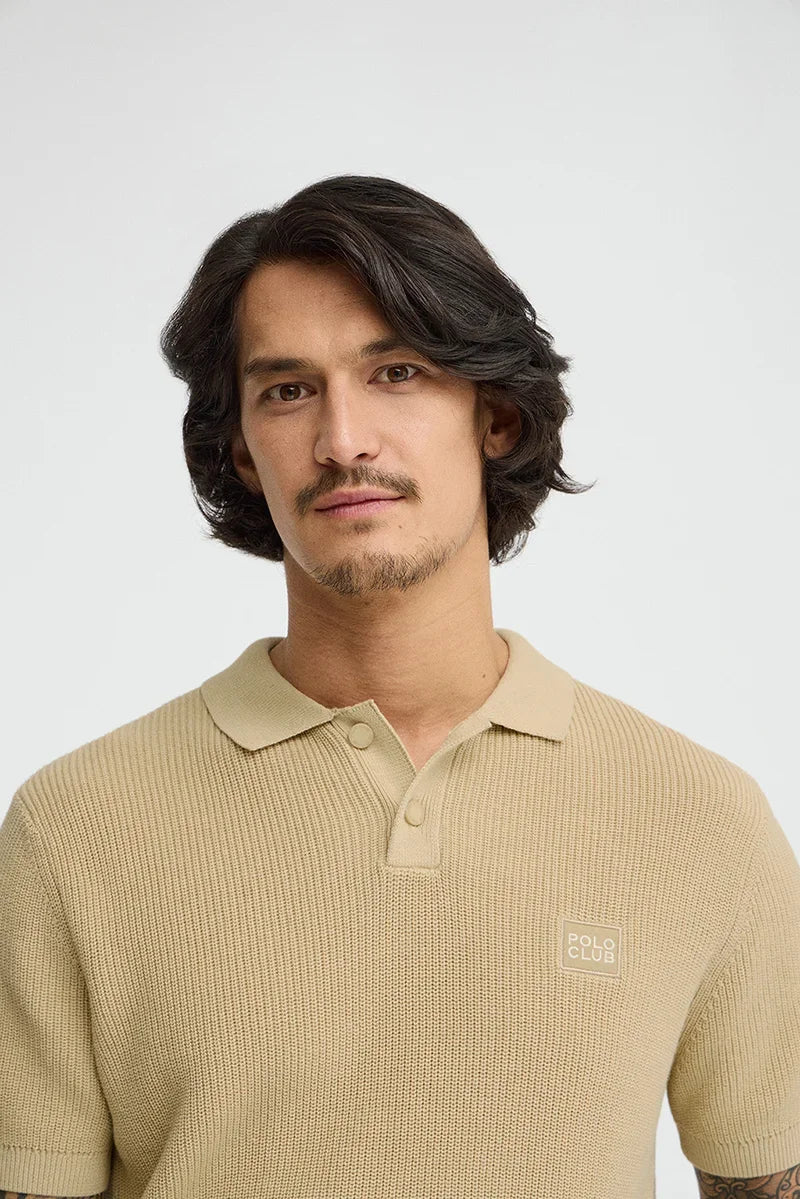 Beige short-sleeve jumper with polo collar and Polo Club patch - Image 3