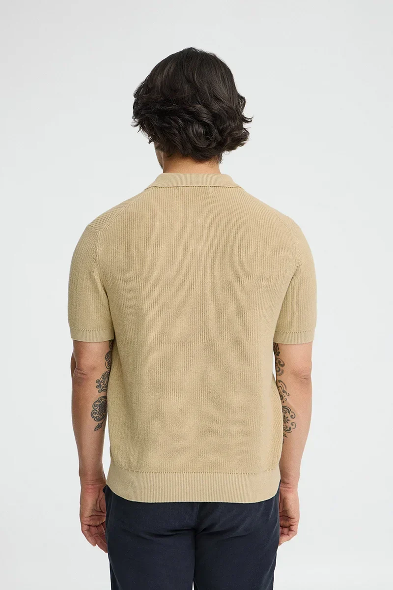 Beige short-sleeve jumper with polo collar and Polo Club patch - Image 5