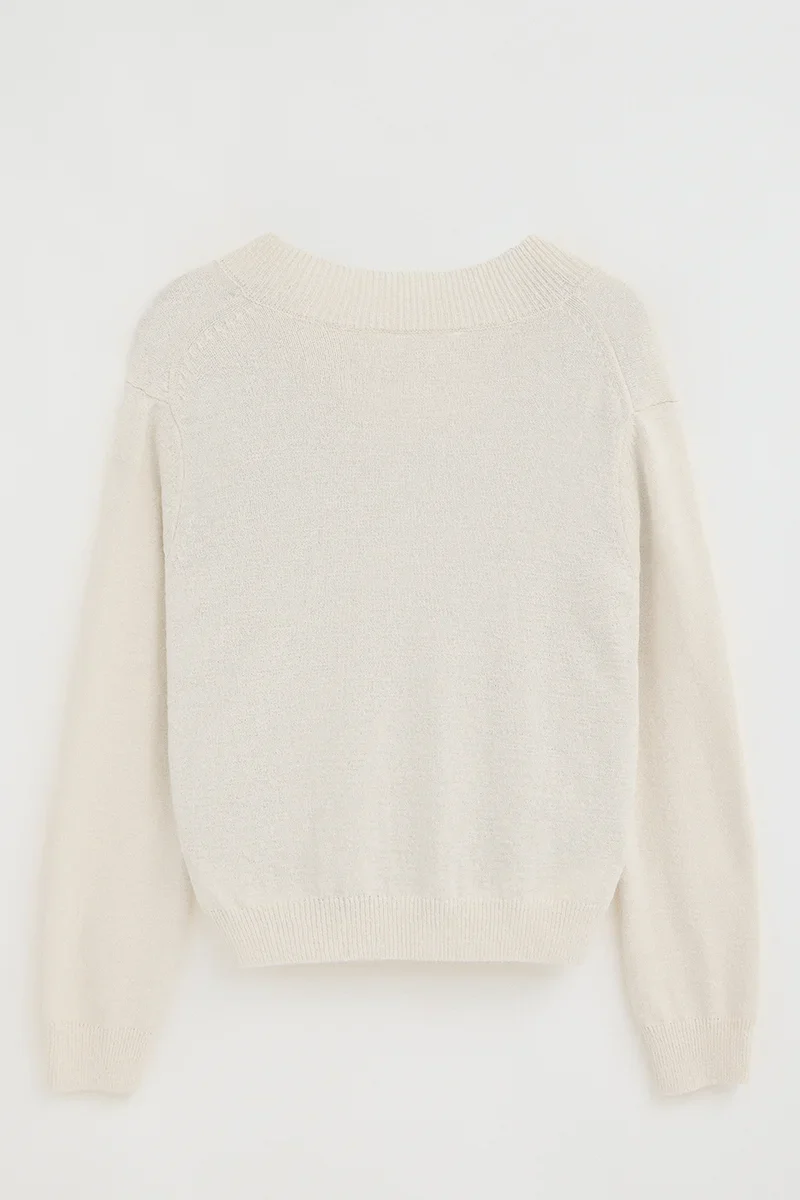 Beige rustic-knit jumper with V-neck and Polo Club logo - Image 8