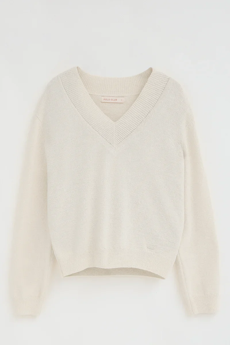 Beige rustic-knit jumper with V-neck and Polo Club logo - Image 9