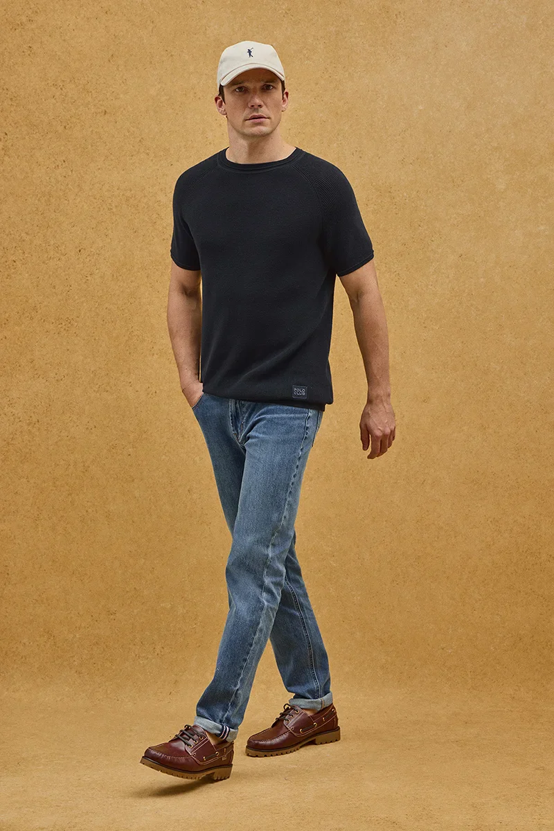 Navy-blue fisherman's-rib jumper with short raglan sleeves and Polo Club logo