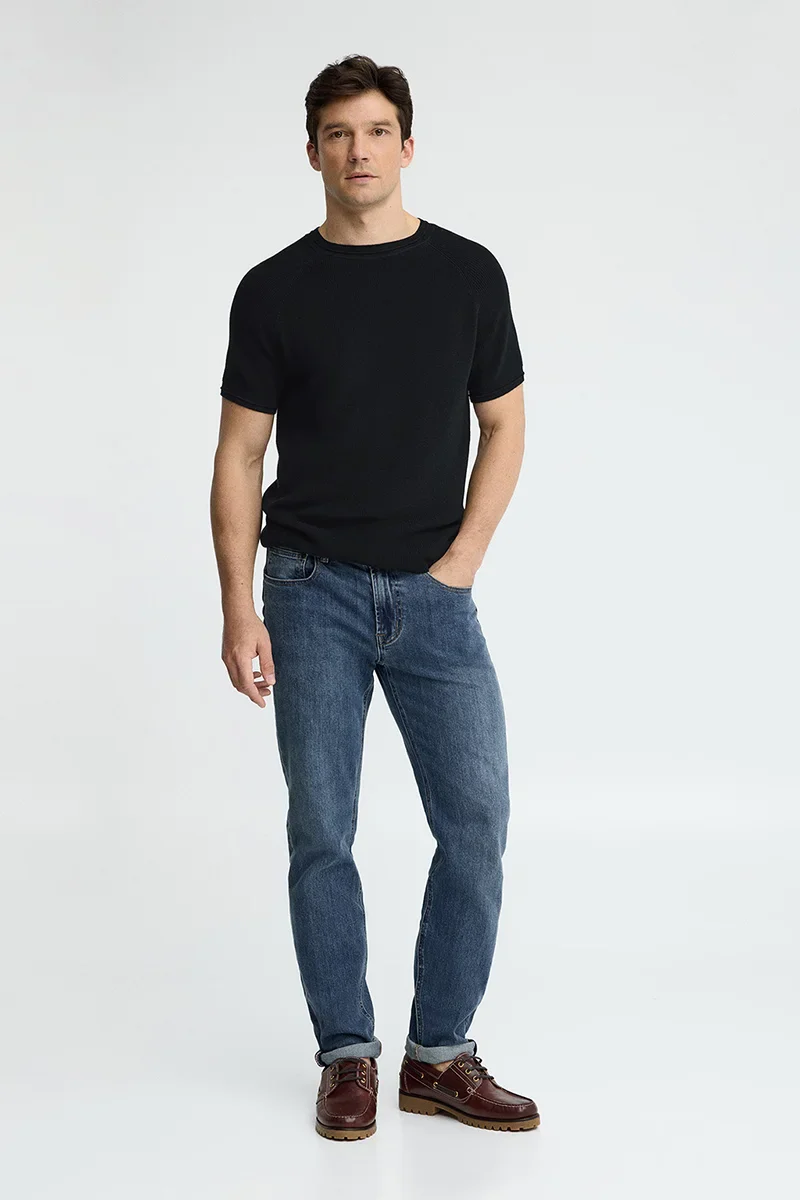 Navy-blue fisherman's-rib jumper with short raglan sleeves and Polo Club logo - Image 4
