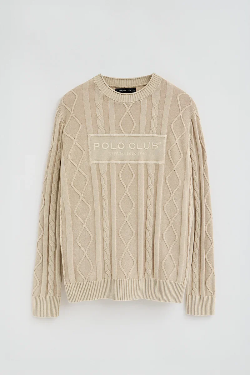 Beige cable-knit jumper with Established 2012 Polo Club raised embroidery