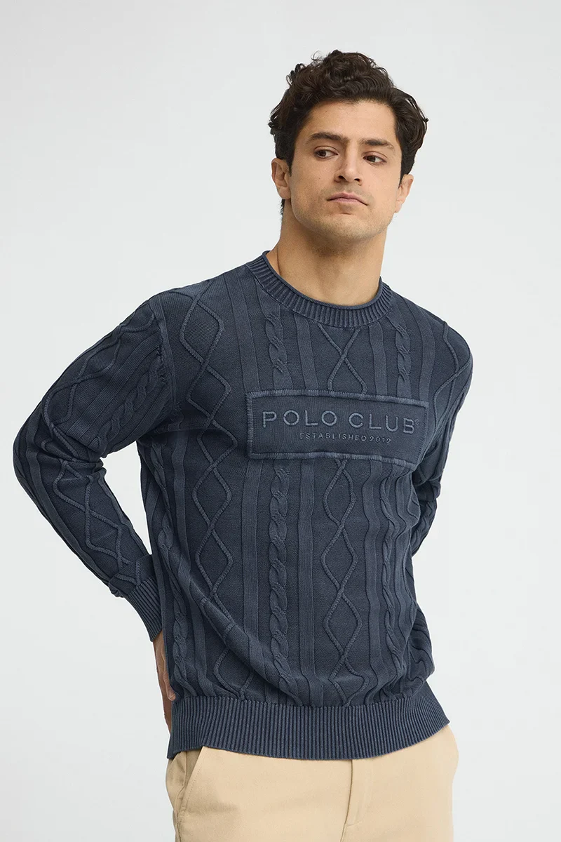 Denim-blue cable-knit jumper with Established 2012 Polo Club raised embroidery