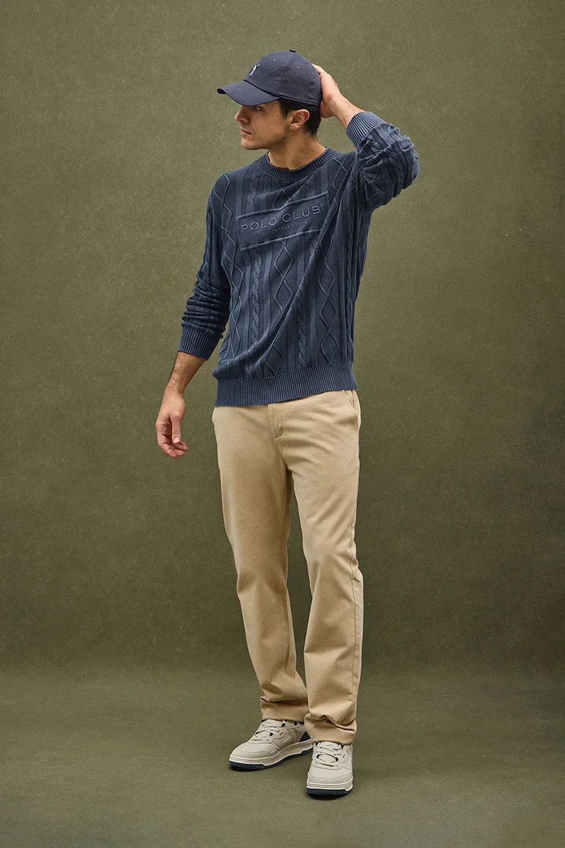 Denim-blue cable-knit jumper with Established 2012 Polo Club raised embroidery - Image 2