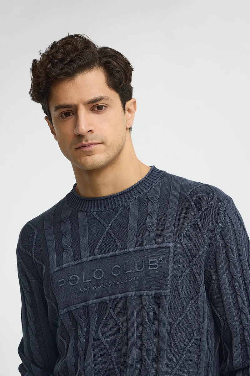 Denim-blue cable-knit jumper with Established 2012 Polo Club raised embroidery - Image 3