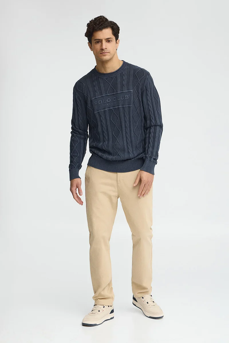 Denim-blue cable-knit jumper with Established 2012 Polo Club raised embroidery - Image 4