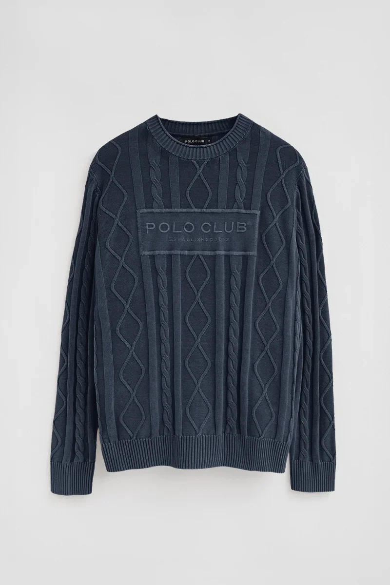 Denim-blue cable-knit jumper with Established 2012 Polo Club raised embroidery - Image 8