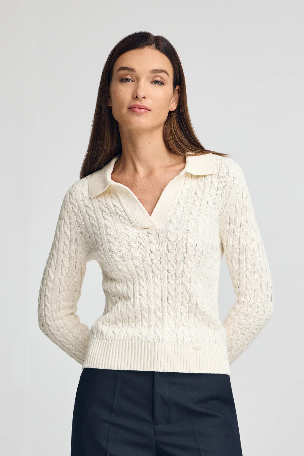 Nude cable-knit jumper with polo collar - Image 3