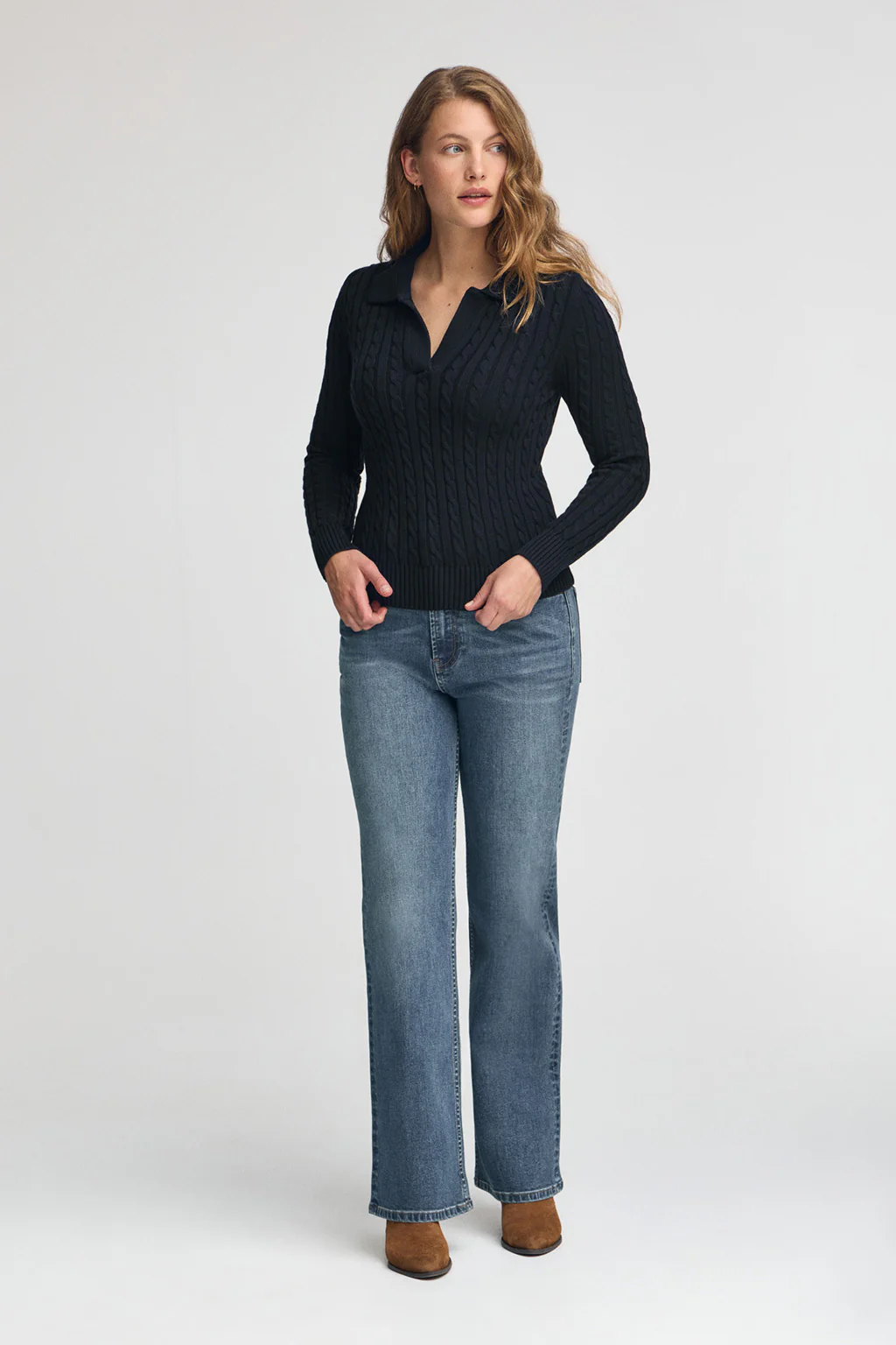 Navy-blue cable-knit jumper with polo collar - Image 3