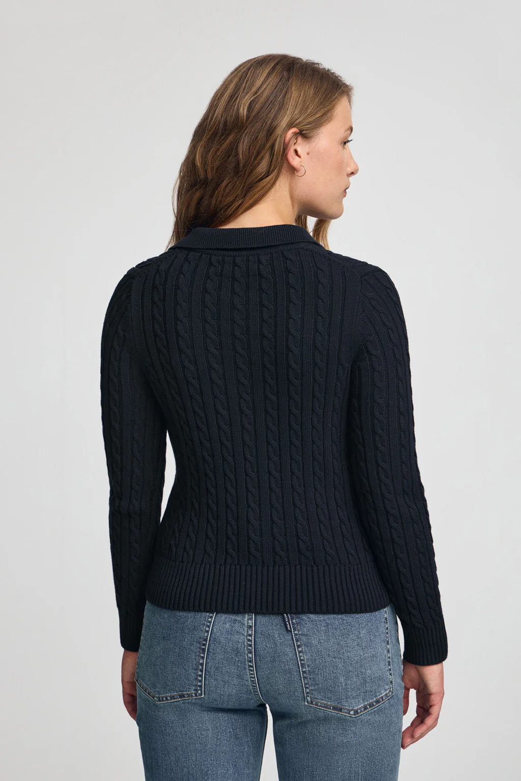 Navy-blue cable-knit jumper with polo collar - Image 5