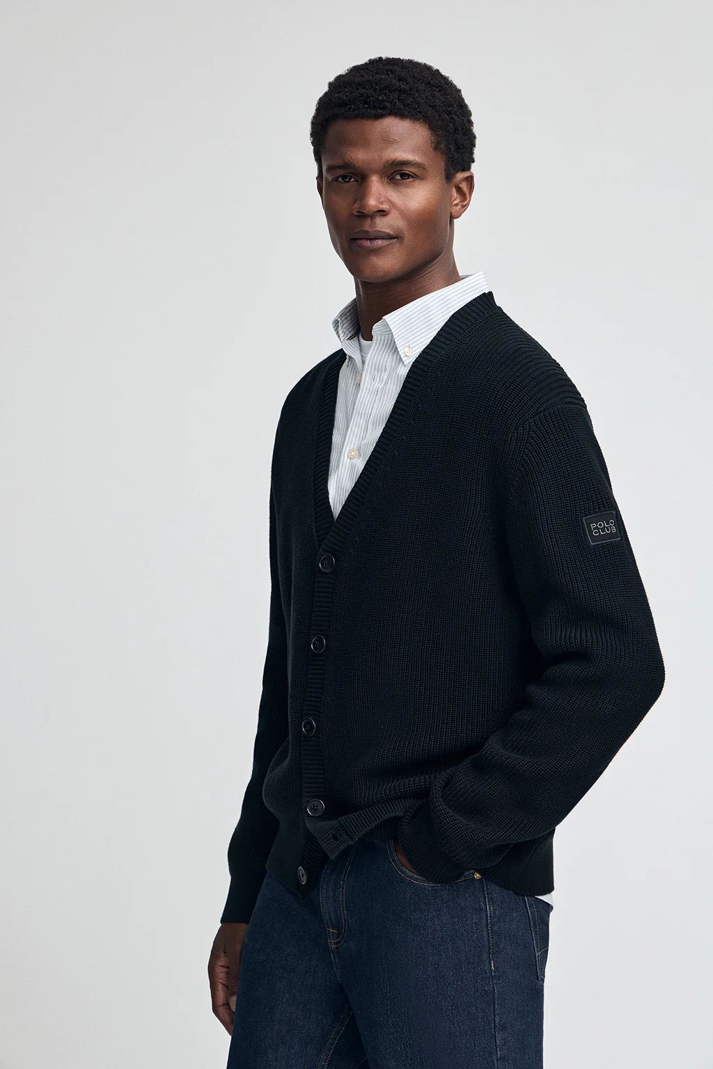 Black fisherman's-rib cardigan with Polo Club patch - Image 2