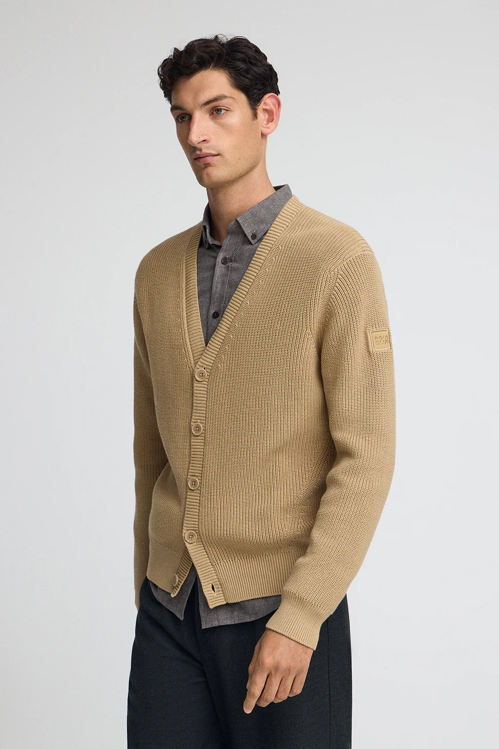 Camel fisherman's-rib cardigan with Polo Club patch - Image 3