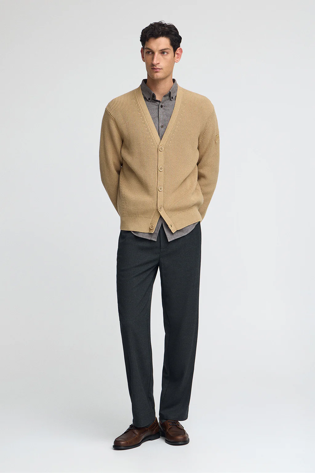 Camel fisherman's-rib cardigan with Polo Club patch - Image 4