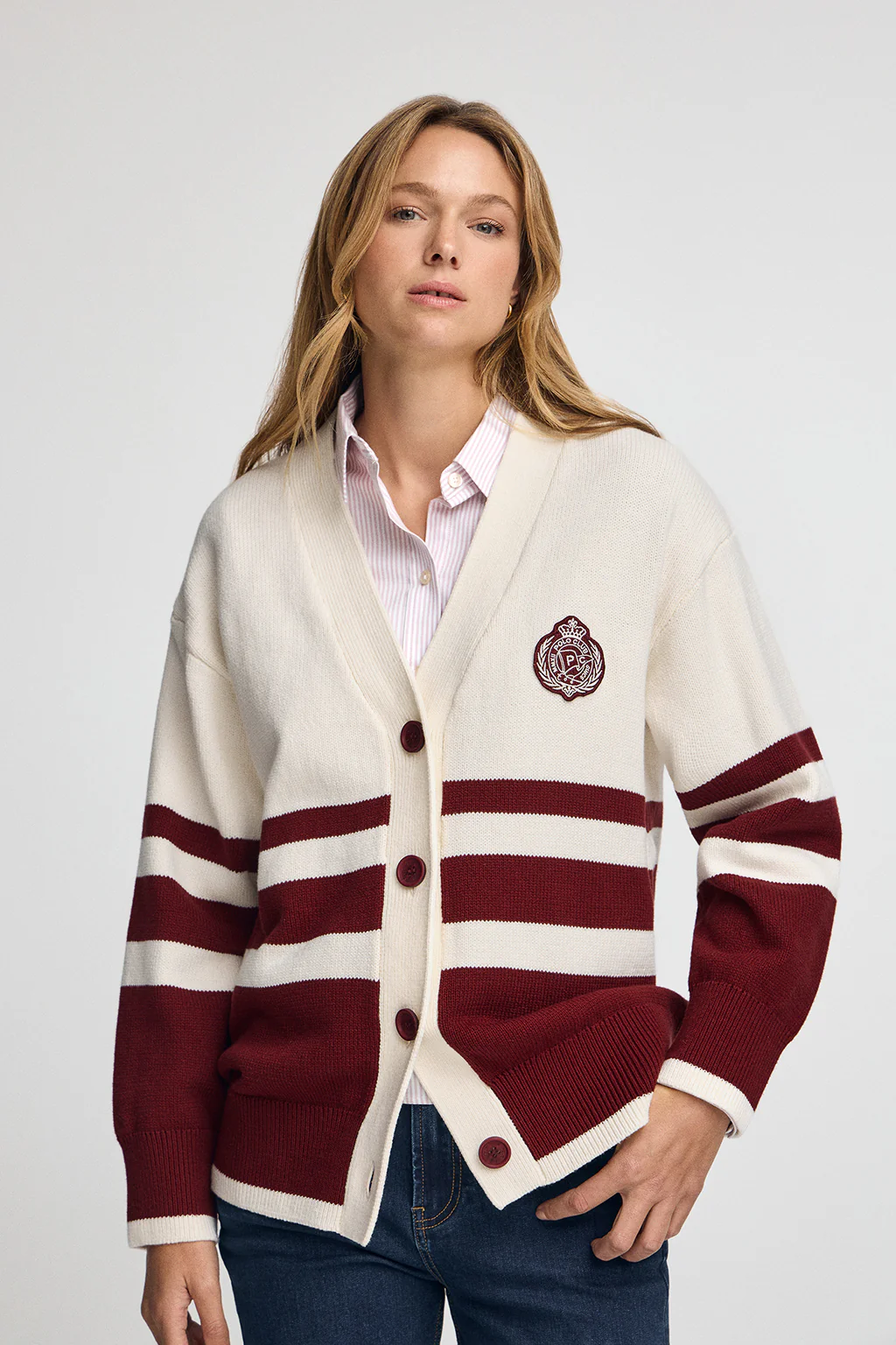 Buttoned V-neck cardigan in nude and maroon with Polo Club nautical patch - Image 2