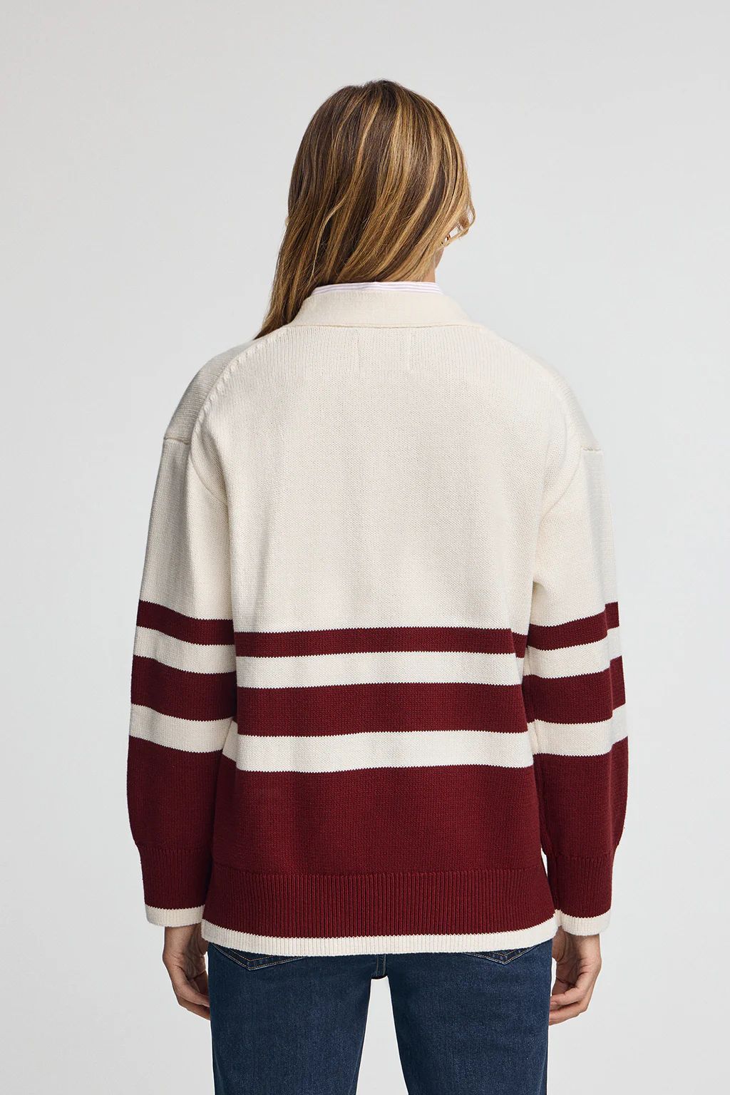 Buttoned V-neck cardigan in nude and maroon with Polo Club nautical patch - Image 5