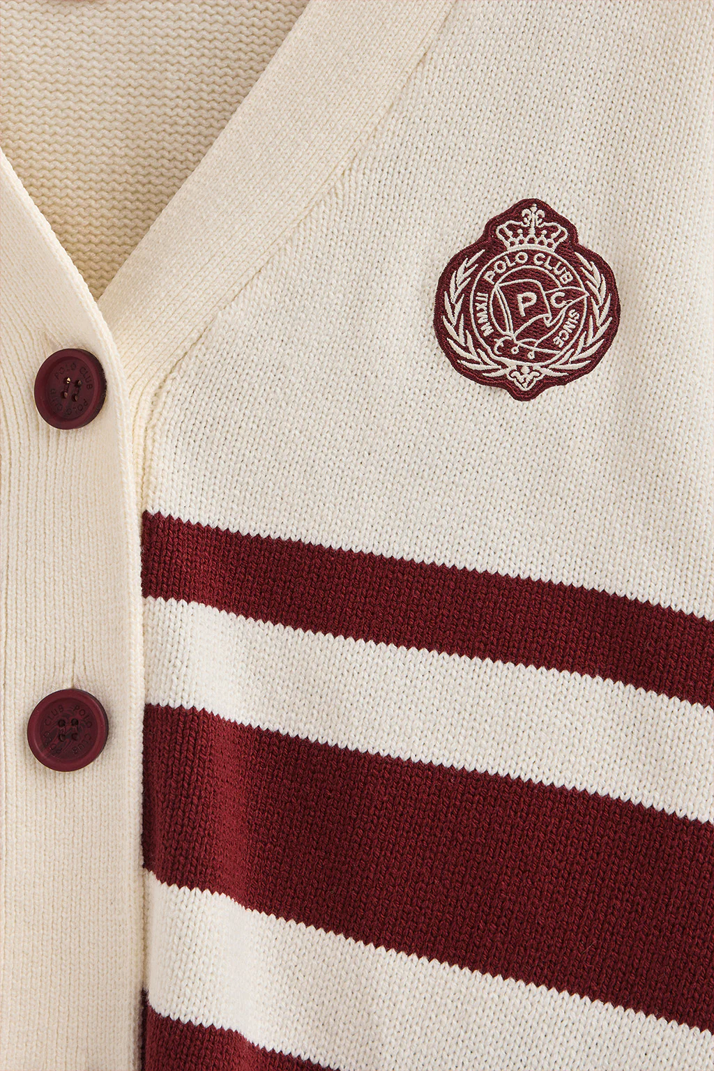 Buttoned V-neck cardigan in nude and maroon with Polo Club nautical patch - Image 7