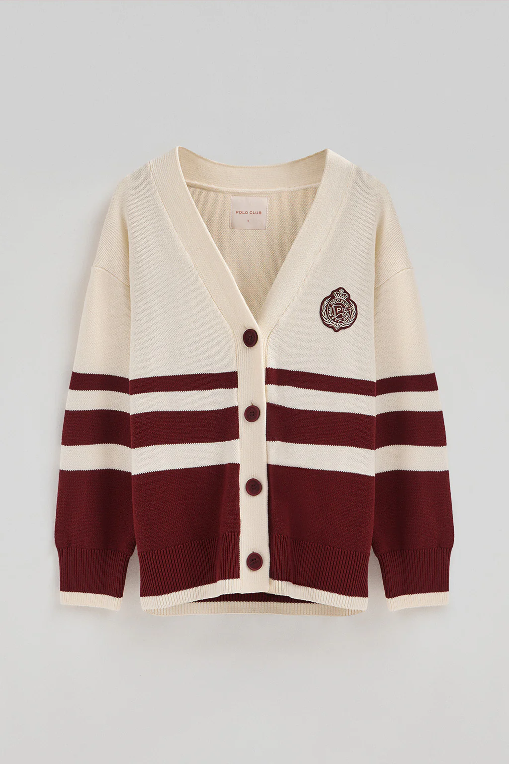 Buttoned V-neck cardigan in nude and maroon with Polo Club nautical patch - Image 9