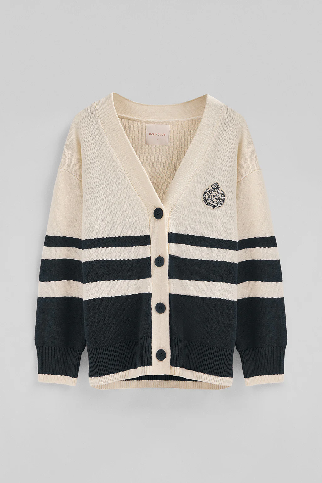 Buttoned V-neck cardigan in nude and navy blue with Polo Club nautical patch - Image 9