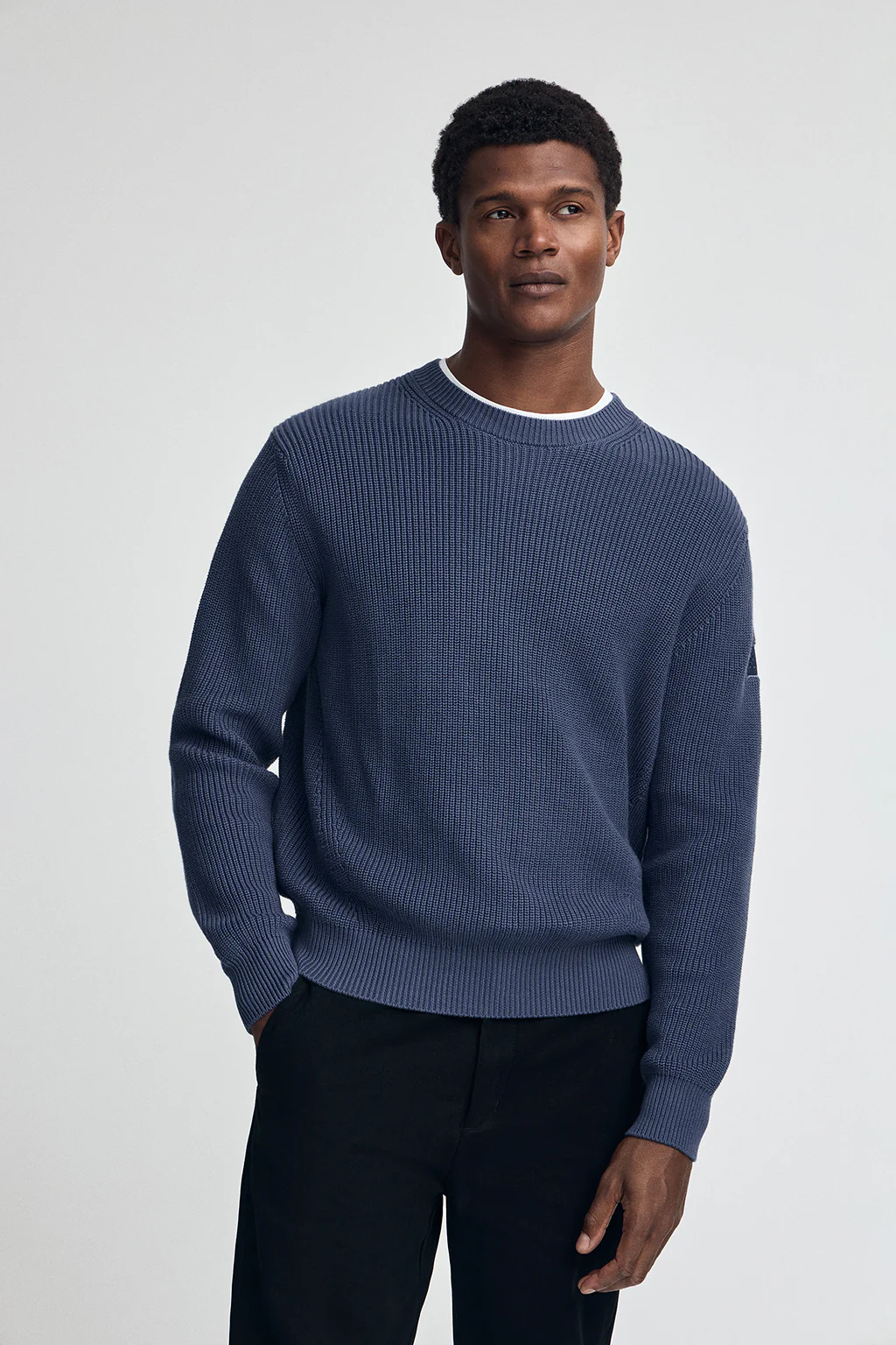Denim-blue fisherman's-rib jumper with Polo Club patch