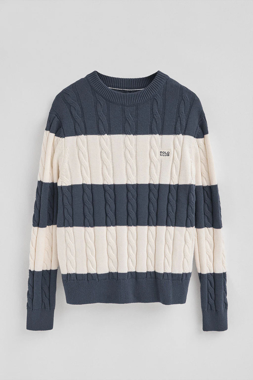 Striped cable-knit wool-blend jumper in denim blue and nude with Polo Club patch - Image 5