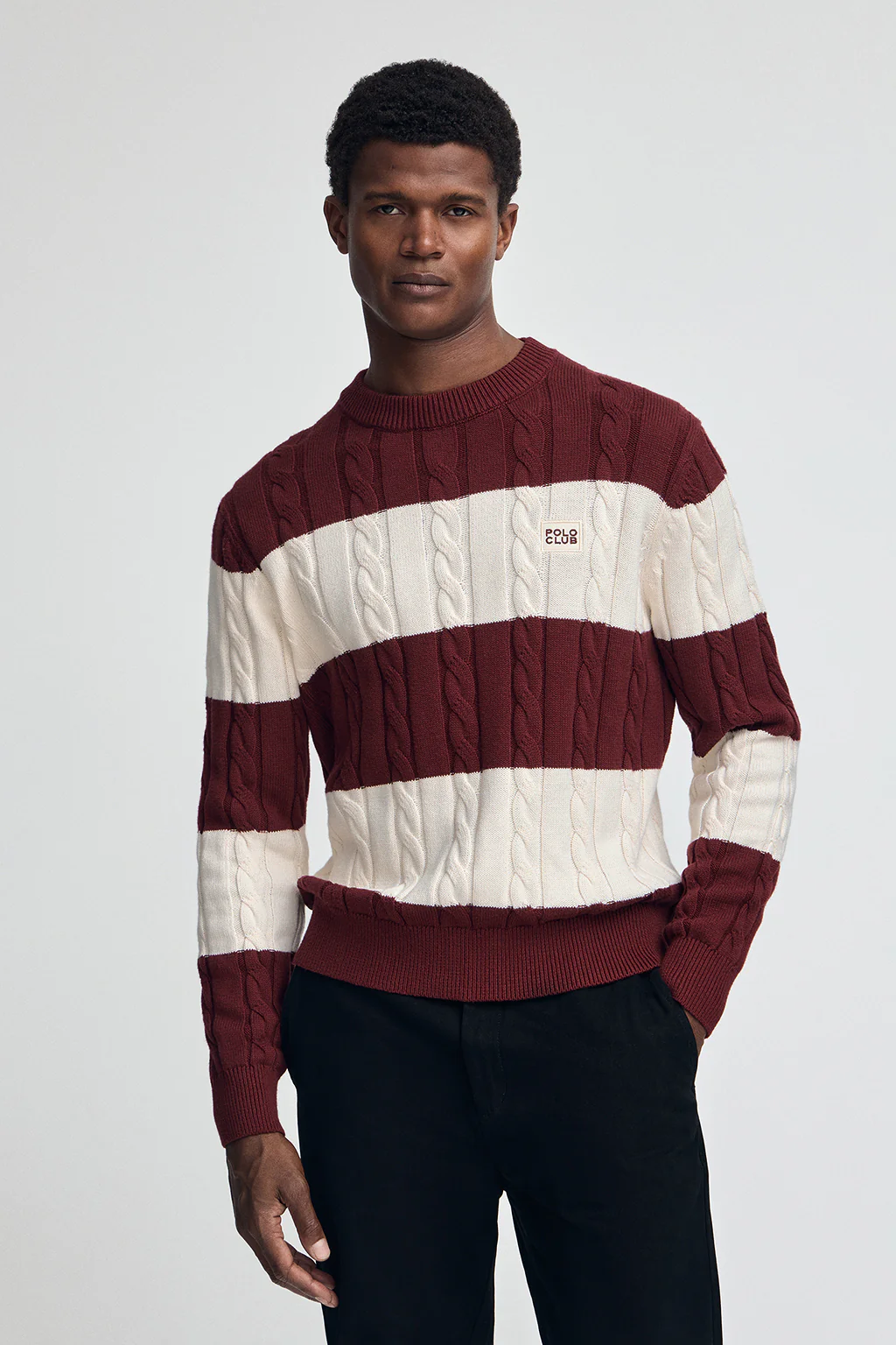 Striped cable-knit wool-blend jumper in maroon and nude with Polo Club patch - Image 2