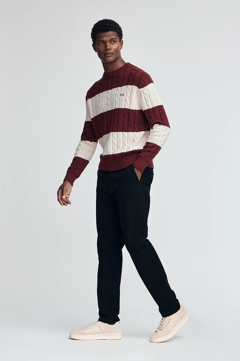 Striped cable-knit wool-blend jumper in maroon and nude with Polo Club patch - Image 4
