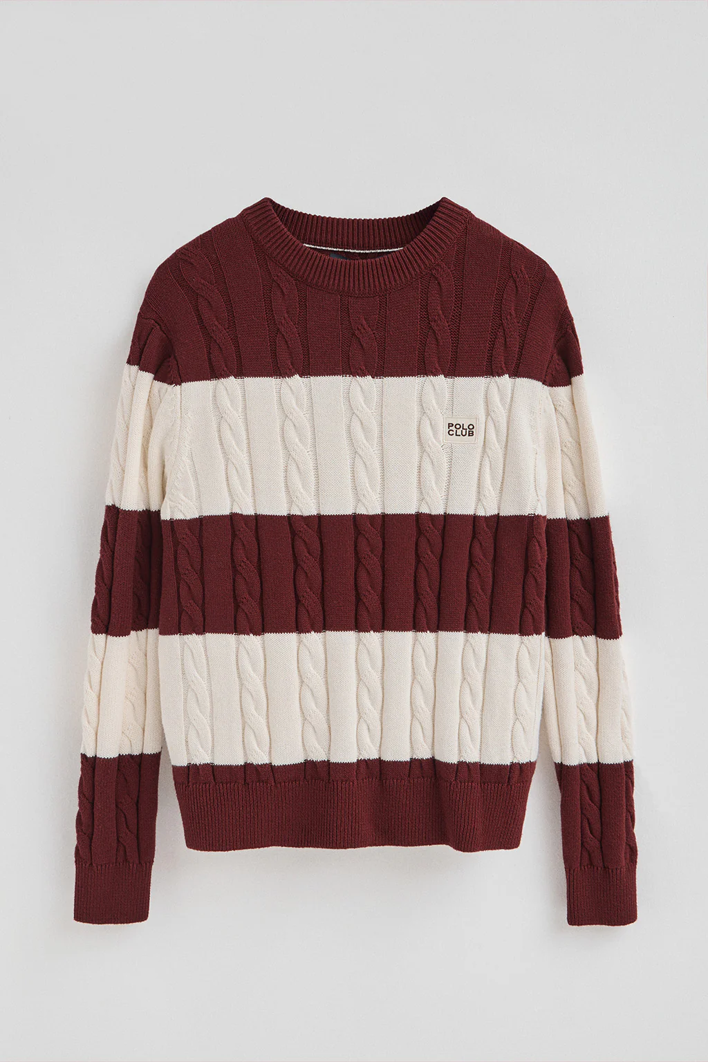 Striped cable-knit wool-blend jumper in maroon and nude with Polo Club patch - Image 9