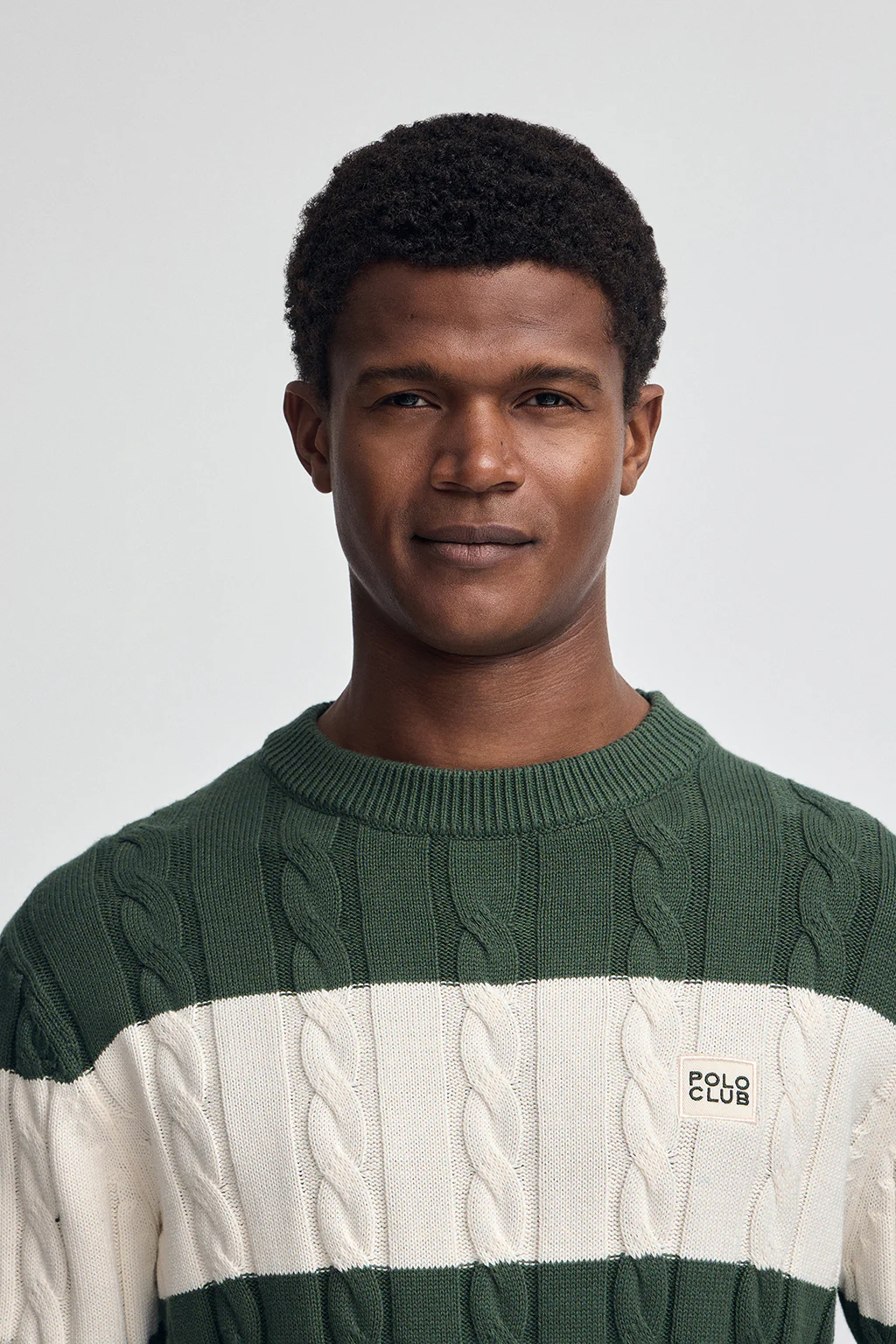 Striped cable-knit wool-blend jumper in mud green and nude with Polo Club patch - Image 2