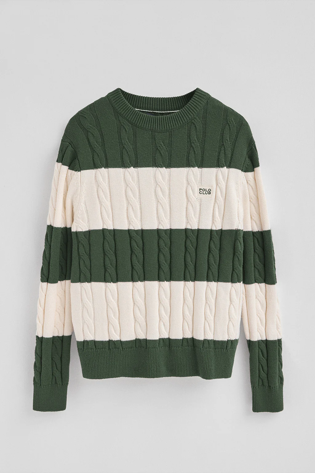 Striped cable-knit wool-blend jumper in mud green and nude with Polo Club patch - Image 9