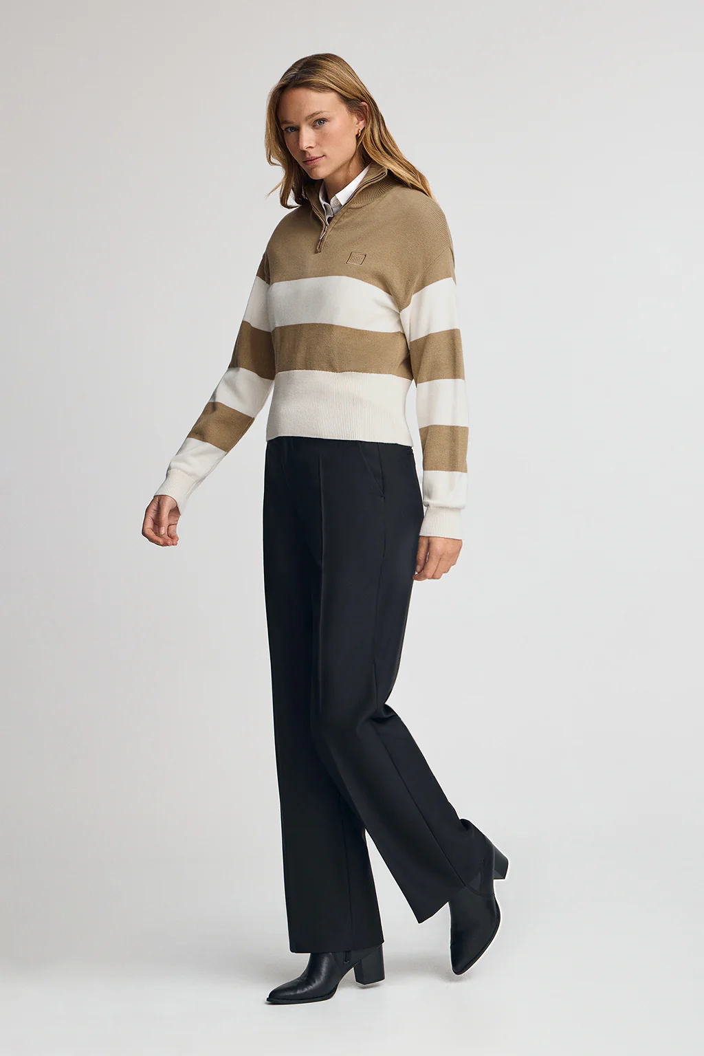 Striped cotton jumper in light brown and nude - Image 4