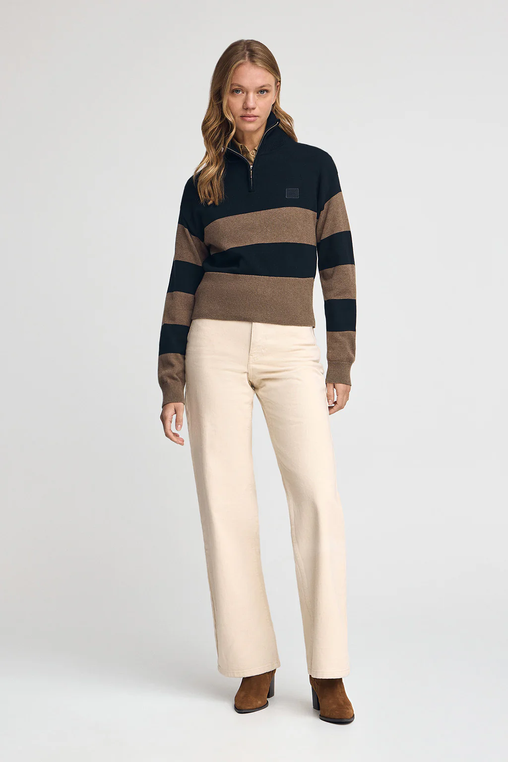 Striped cotton jumper in navy blue and brown marl - Image 4
