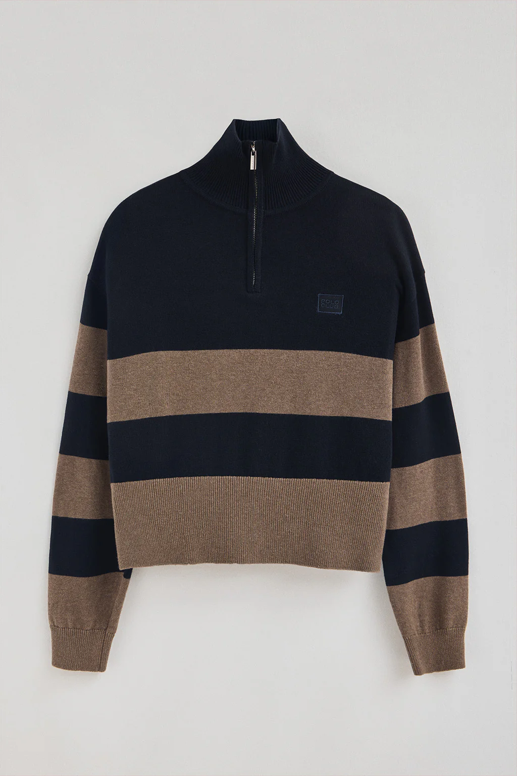 Striped cotton jumper in navy blue and brown marl - Image 7