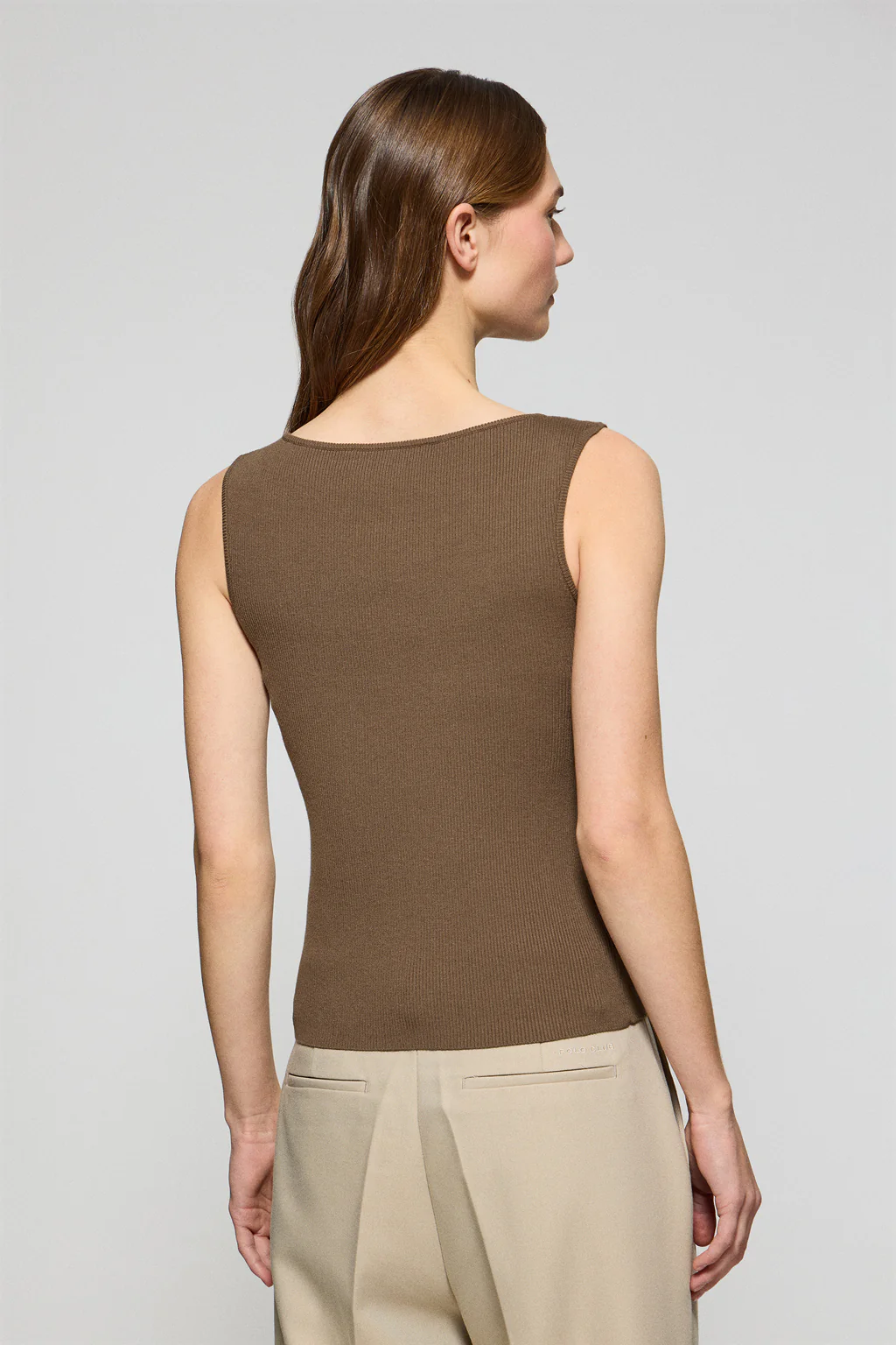 Mocha boat-neck jumper Lalita with pearly button - Image 2