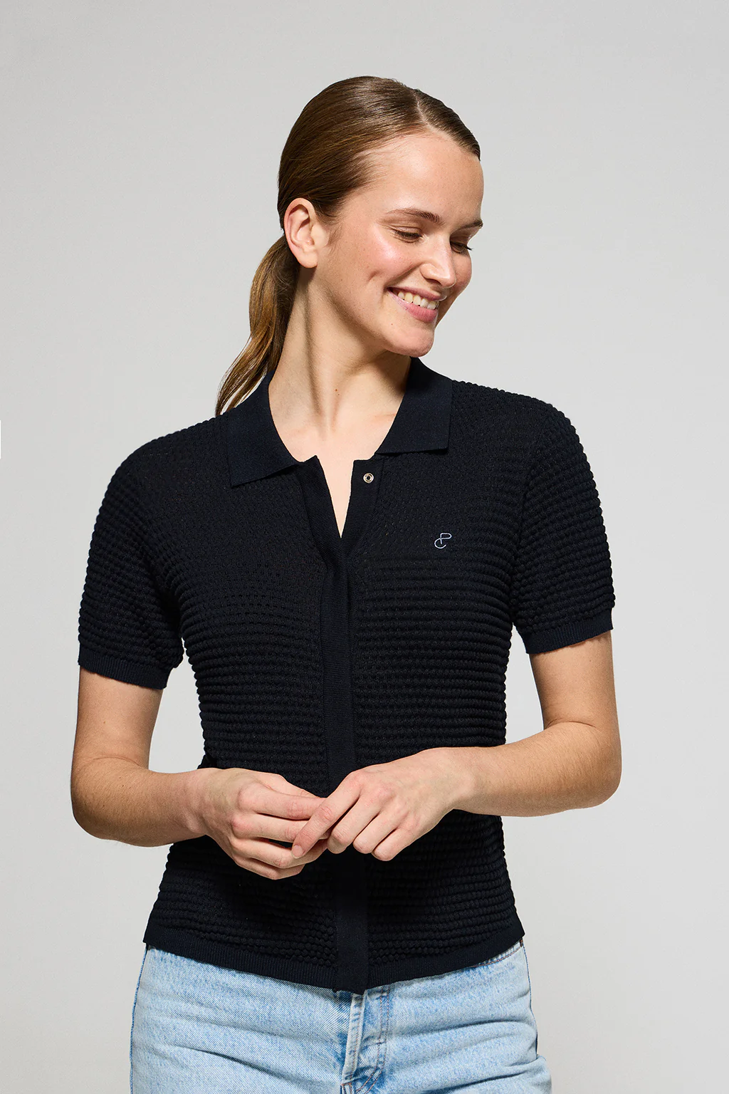 Navy-blue buttoned T-shirt Lirio with embroidered monogram