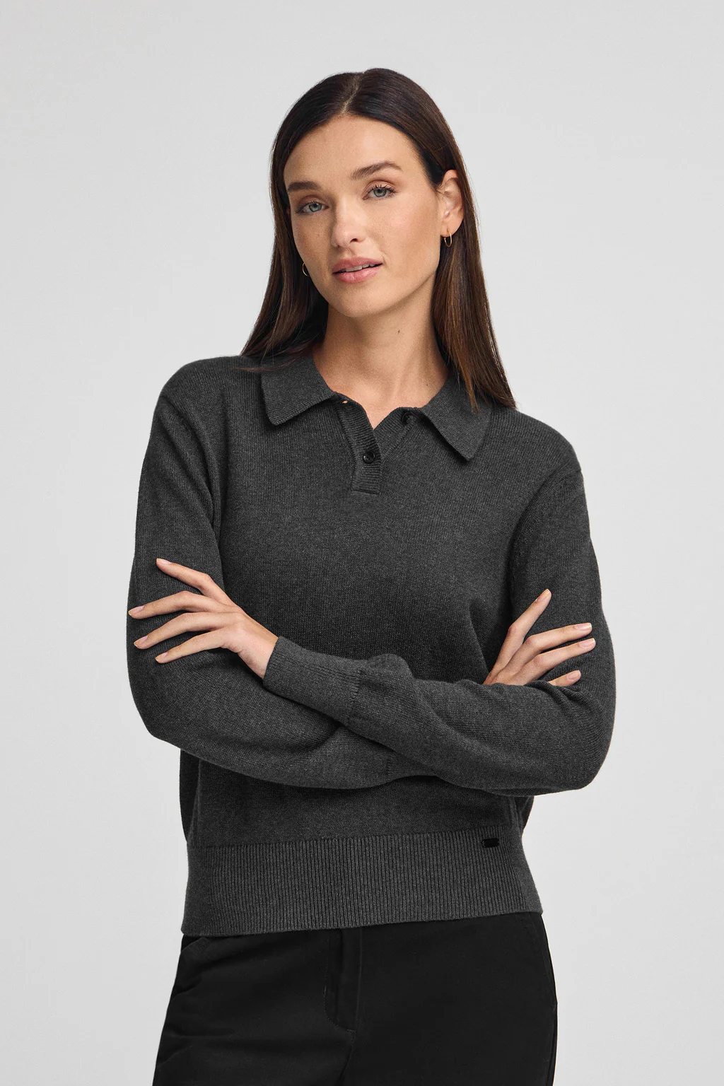 Dark-grey-marl wool-blend jumper with polo collar and Polo Club pearly button - Image 3