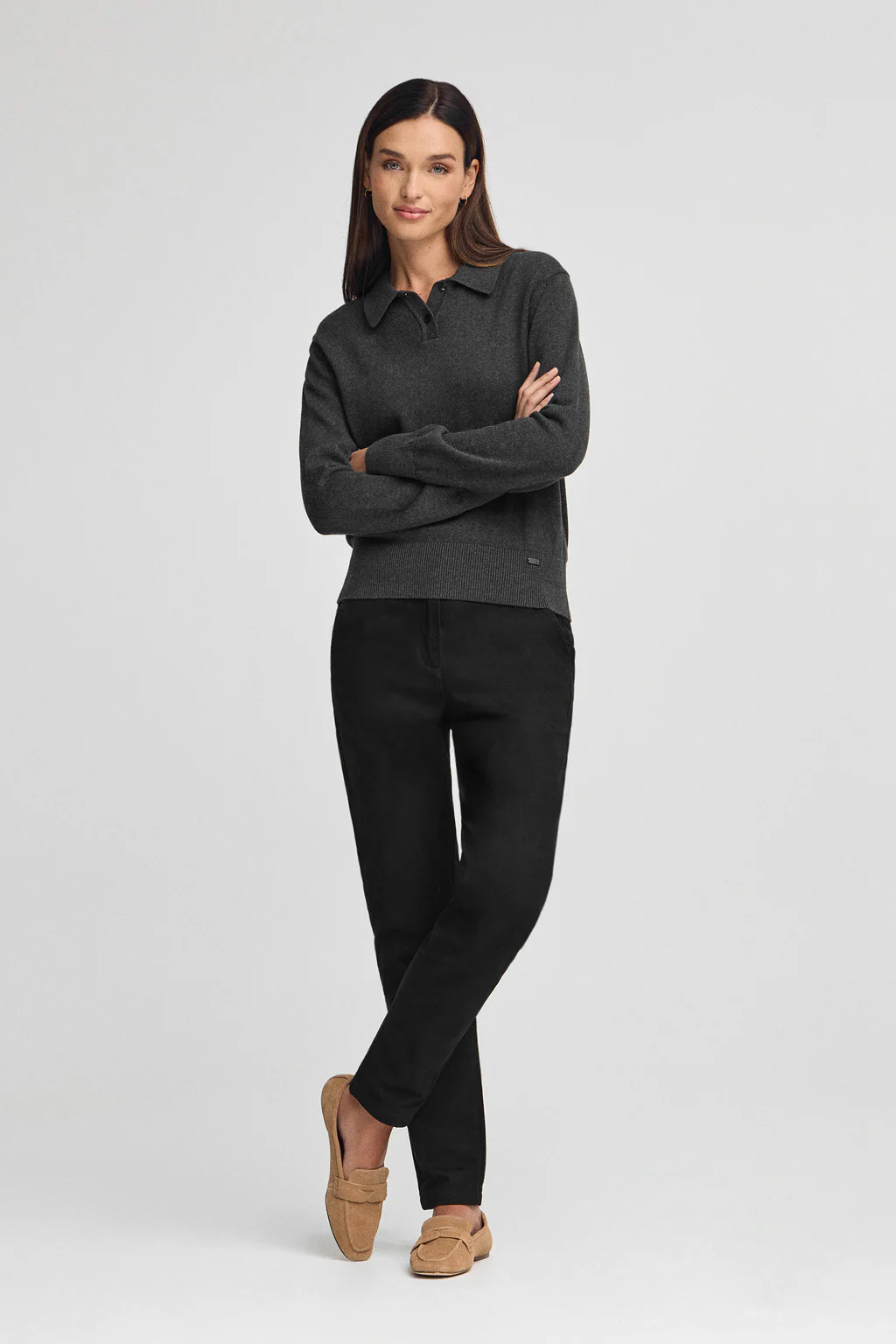Dark-grey-marl wool-blend jumper with polo collar and Polo Club pearly button - Image 4