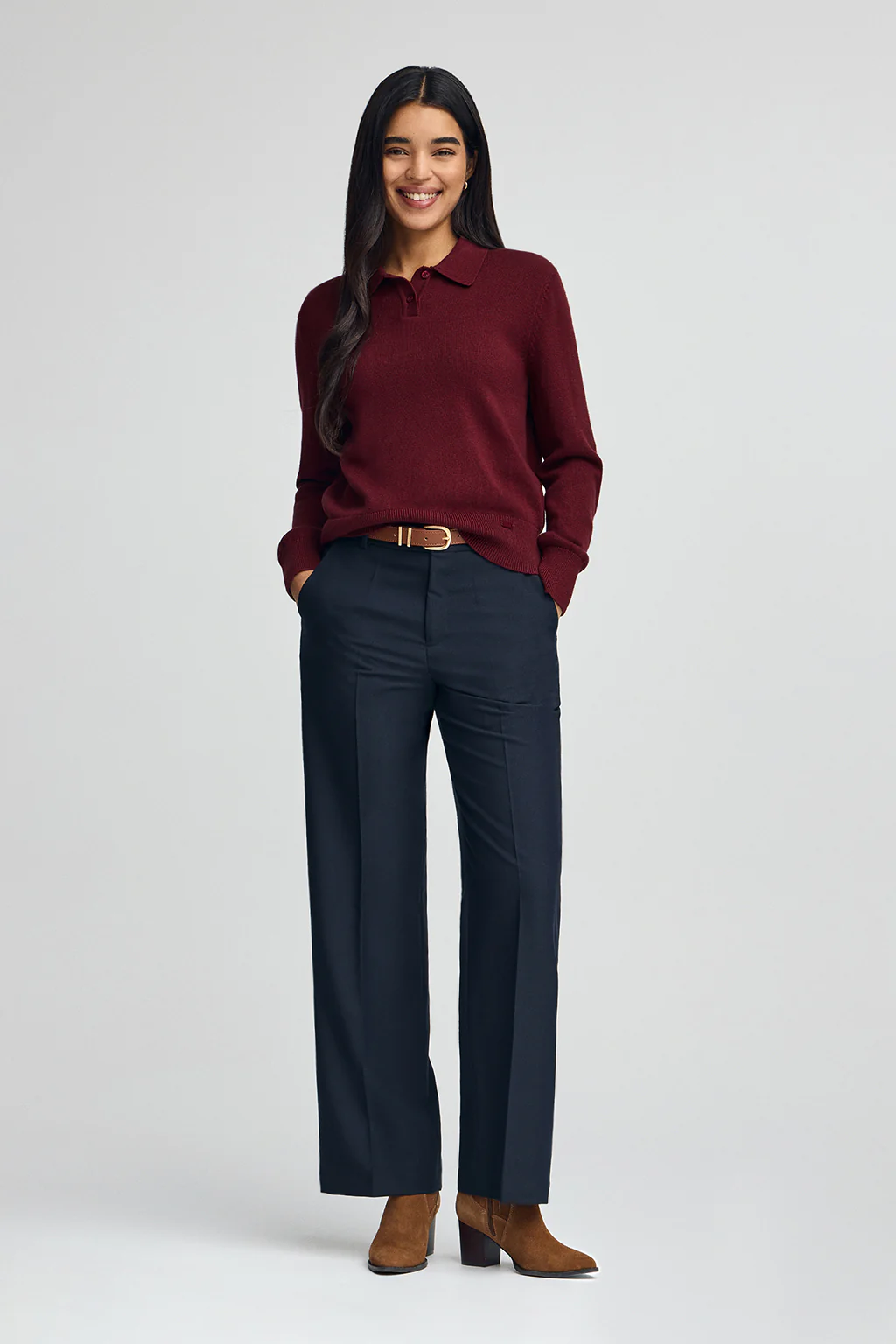 Maroon wool-blend jumper with polo collar and Polo Club pearly button - Image 3
