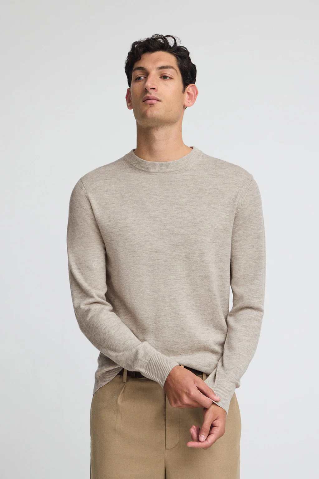 Beige-marl Merino-wool jumper with round neck