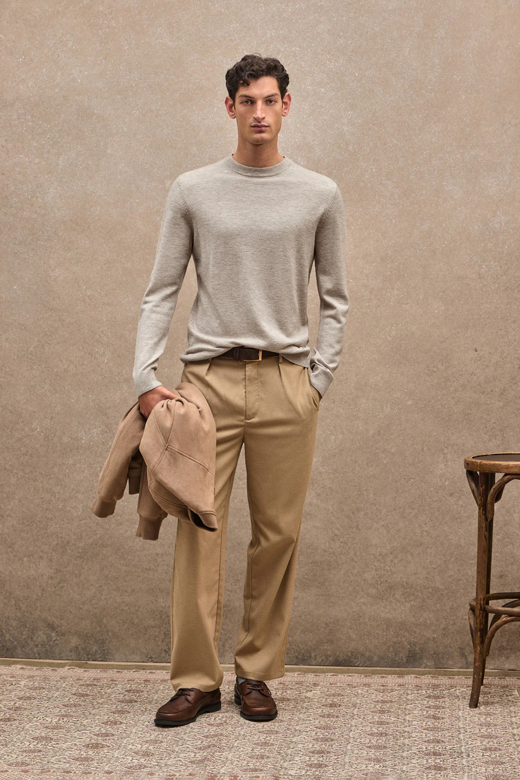 Beige-marl Merino-wool jumper with round neck - Image 2