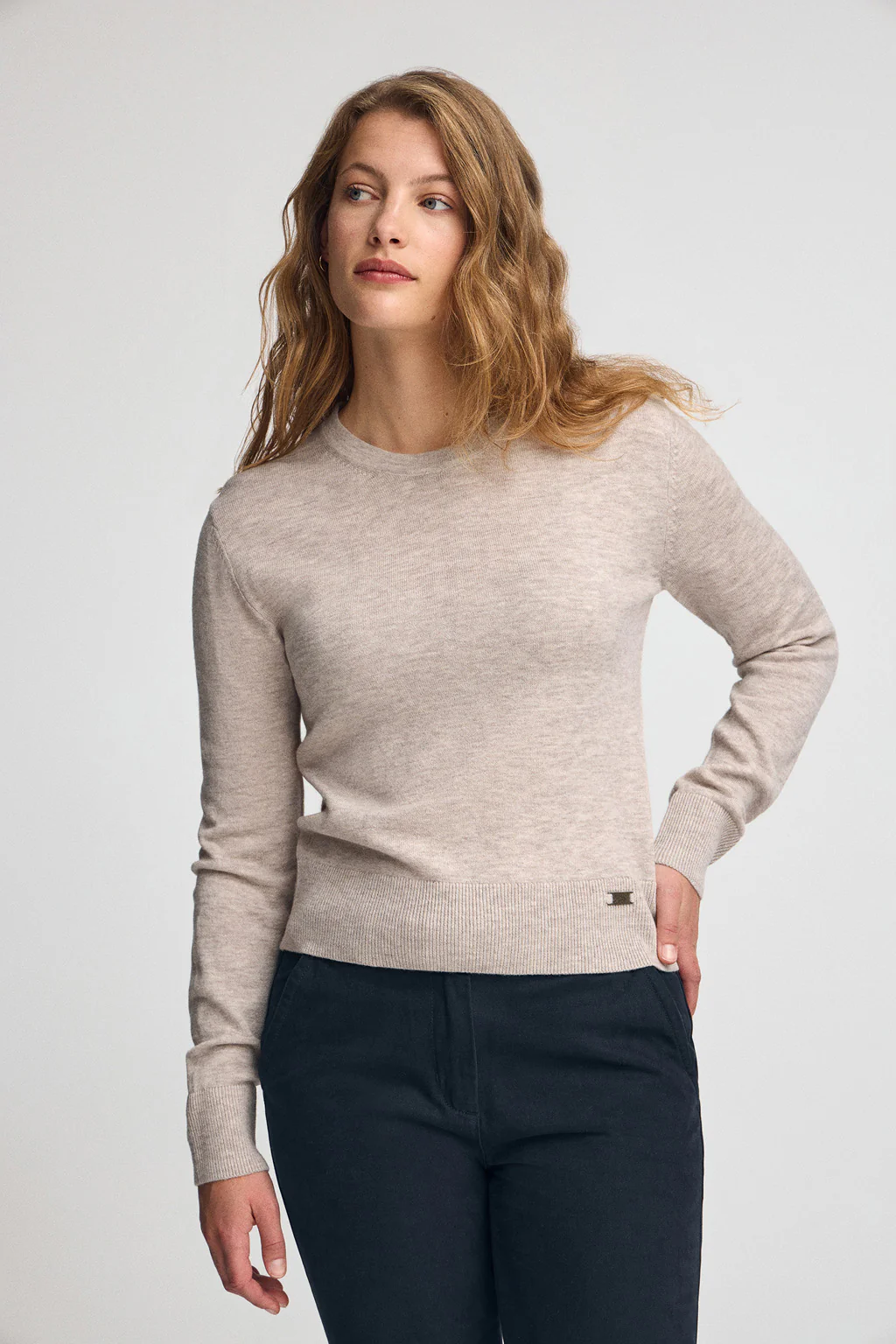 Beige-marl Merino-wool jumper with slim fit and round neck - Image 2