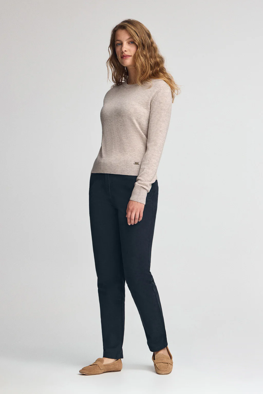 Beige-marl Merino-wool jumper with slim fit and round neck - Image 4