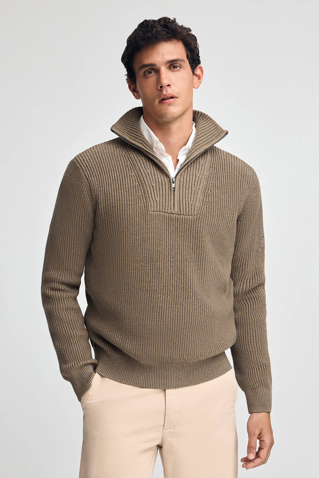 Dark-brown-marl fisherman's-rib jumper with Polo Club patch - Image 2