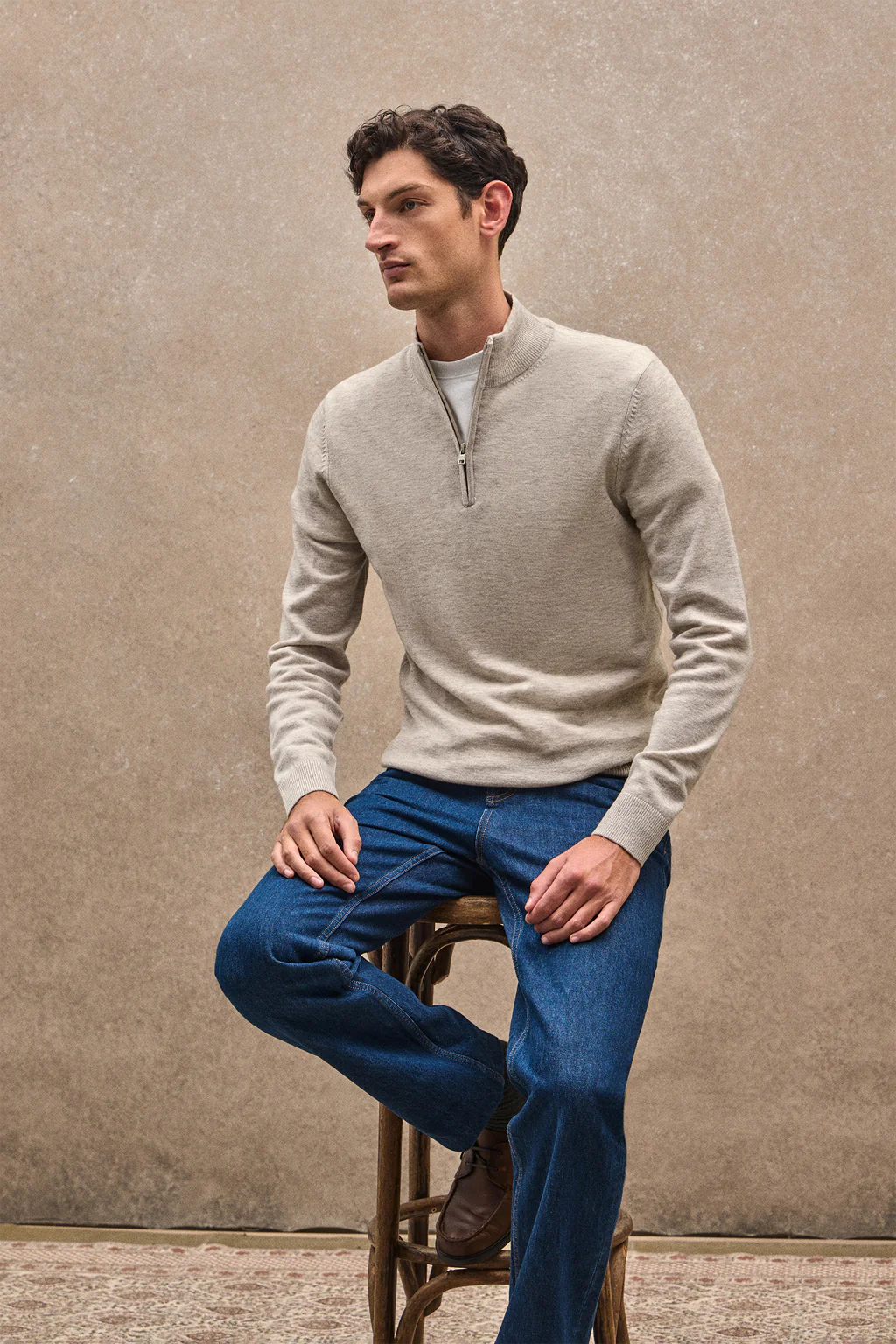 Beige-marl Merino-wool jumper with half-zip neck