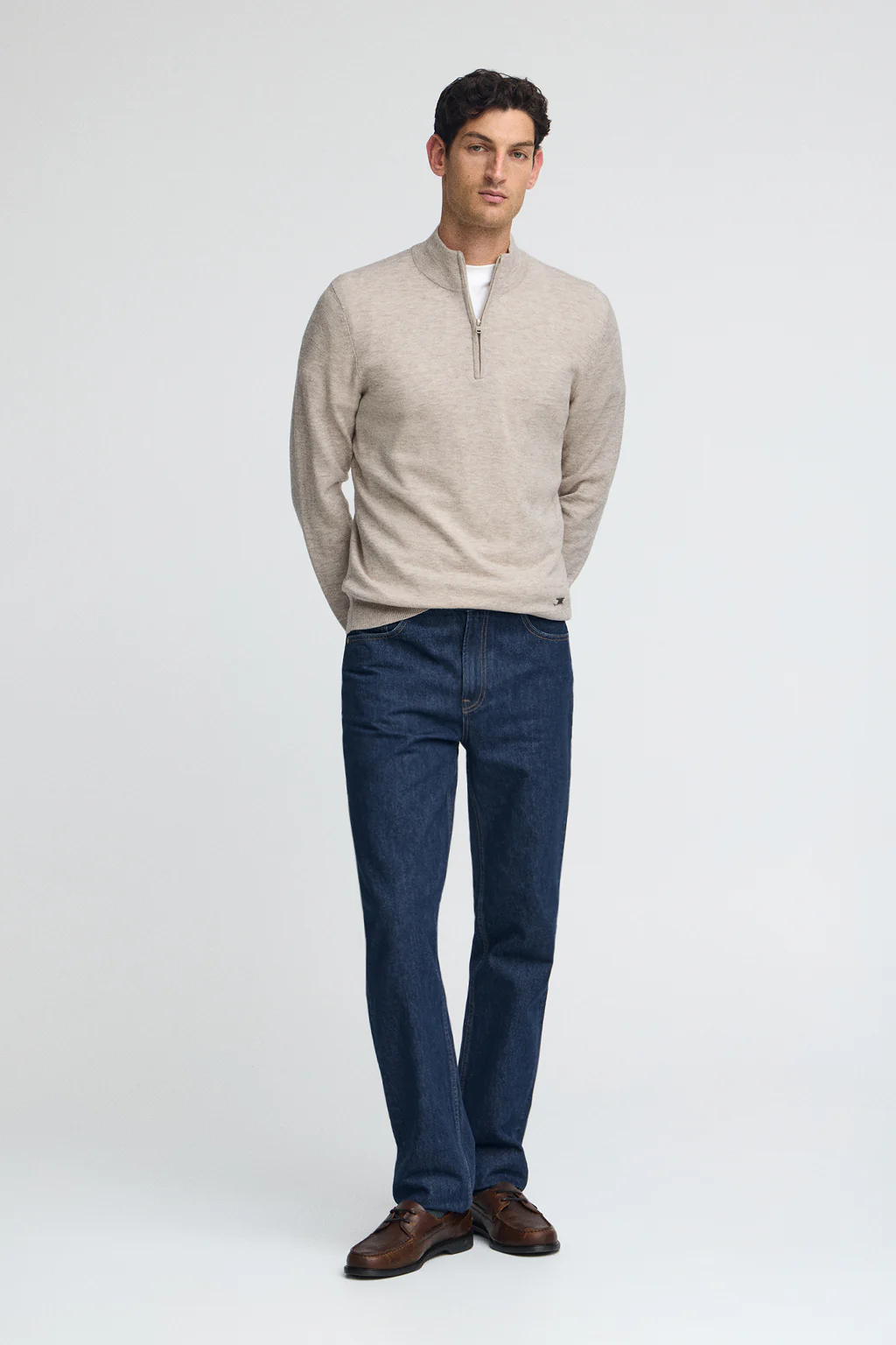 Beige-marl Merino-wool jumper with half-zip neck - Image 4