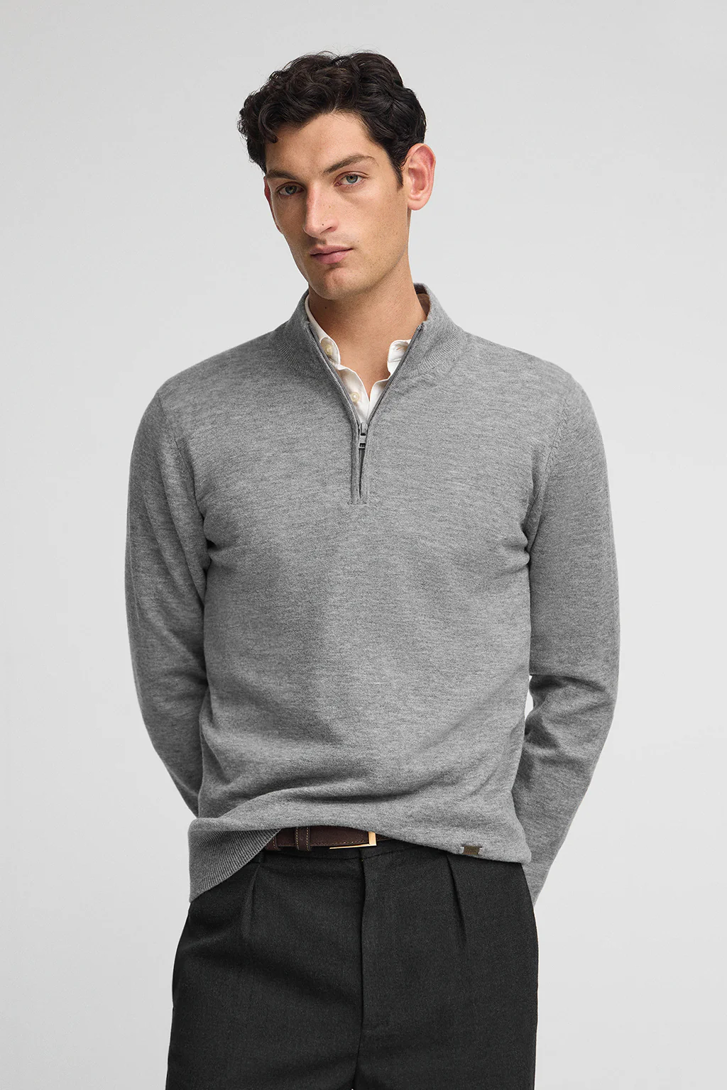 Grey-marl Merino-wool jumper with half-zip neck