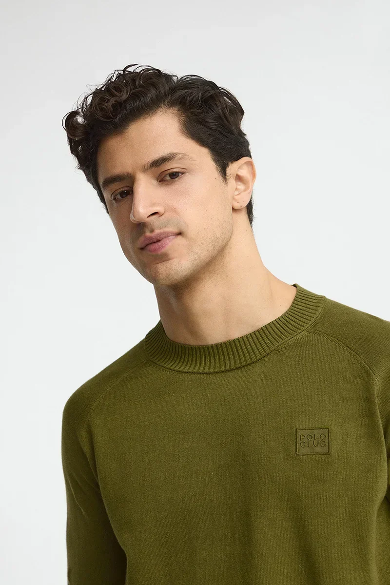 Moss-green cotton-linen jumper with raglan sleeves and Polo Club logo - Image 3