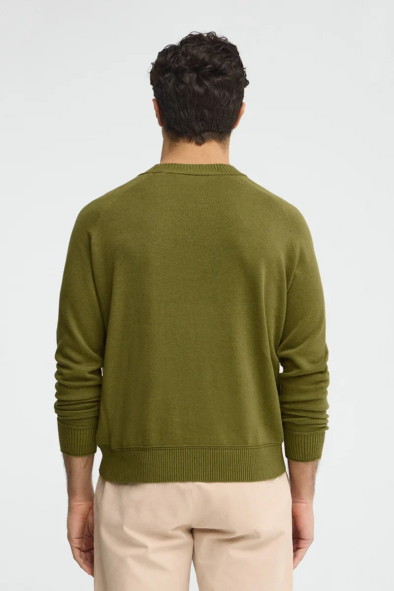 Moss-green cotton-linen jumper with raglan sleeves and Polo Club logo - Image 5