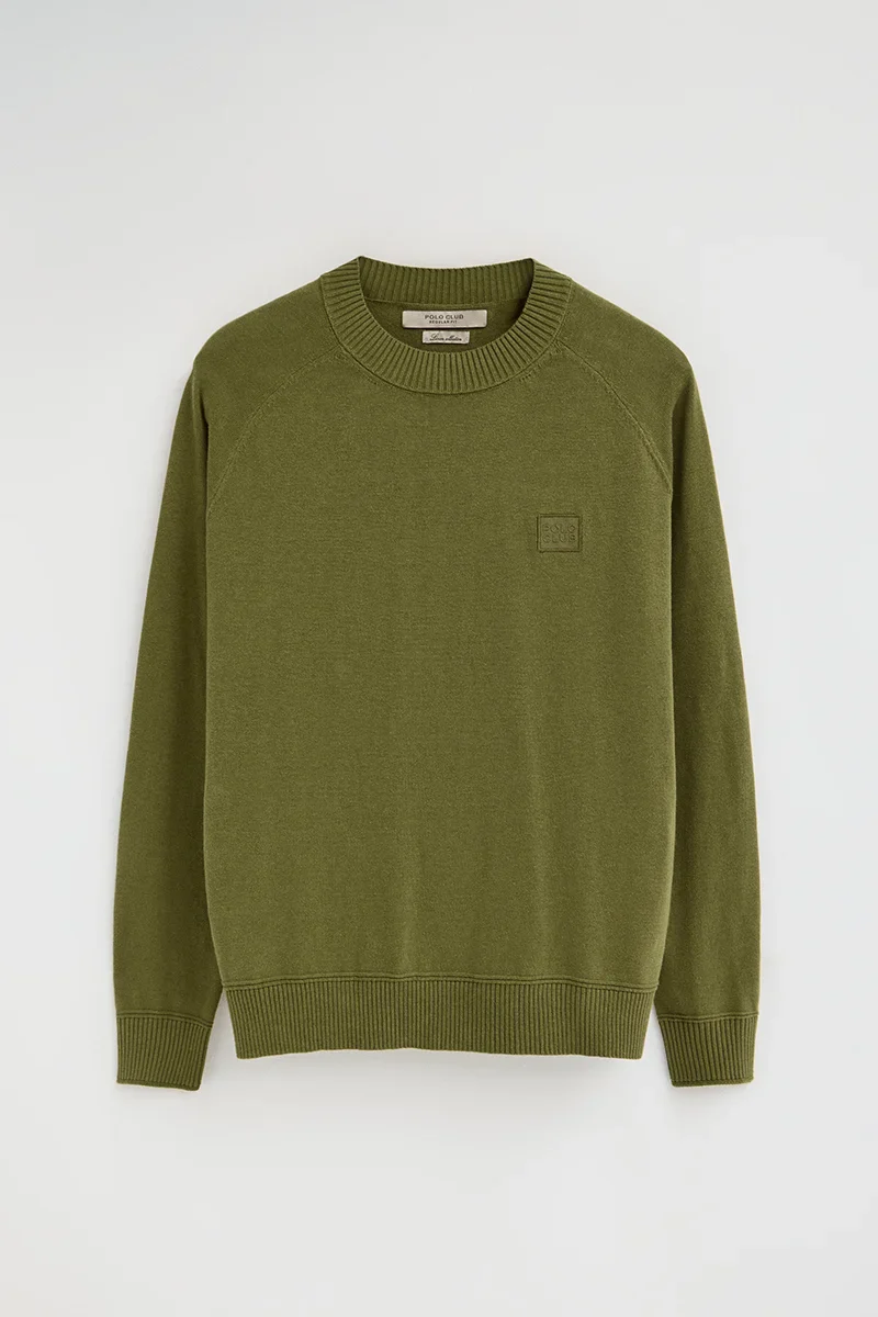 Moss-green cotton-linen jumper with raglan sleeves and Polo Club logo - Image 6