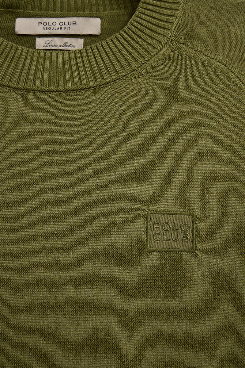 Moss-green cotton-linen jumper with raglan sleeves and Polo Club logo - Image 7